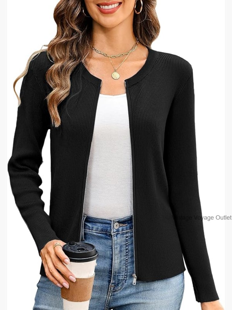 Lightweight Zip Up Cardigan Long Sleeve Crew Neck Knitted Sweater